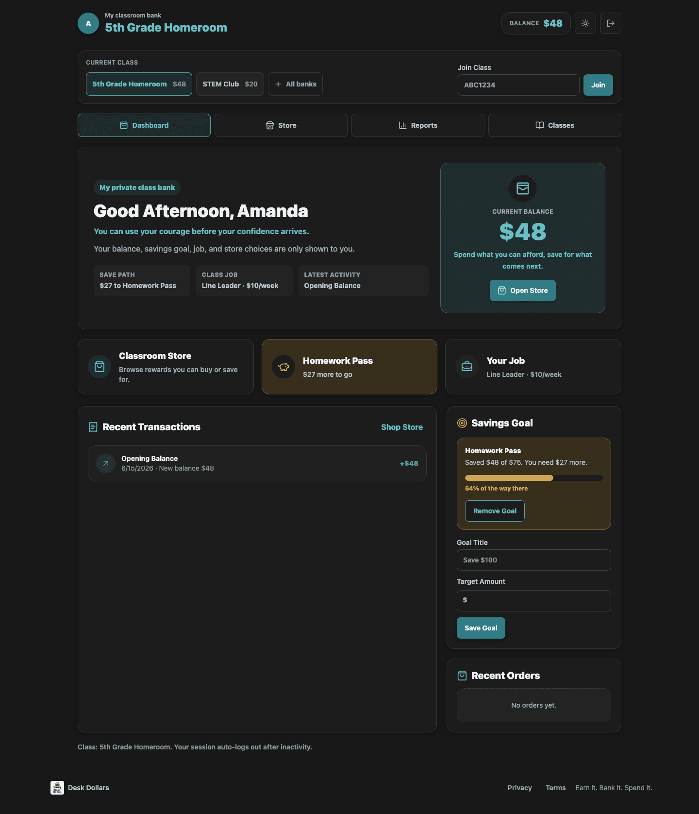 Student classroom bank dashboard showing Amanda's private balance and class options.