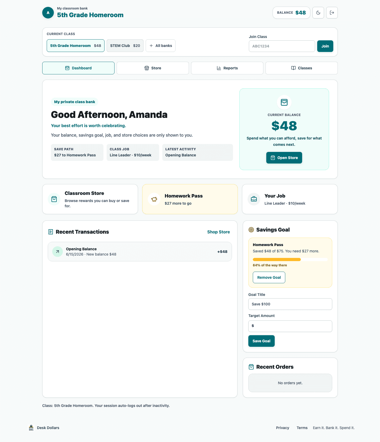 Student classroom bank dashboard showing Amanda's private balance and class options.