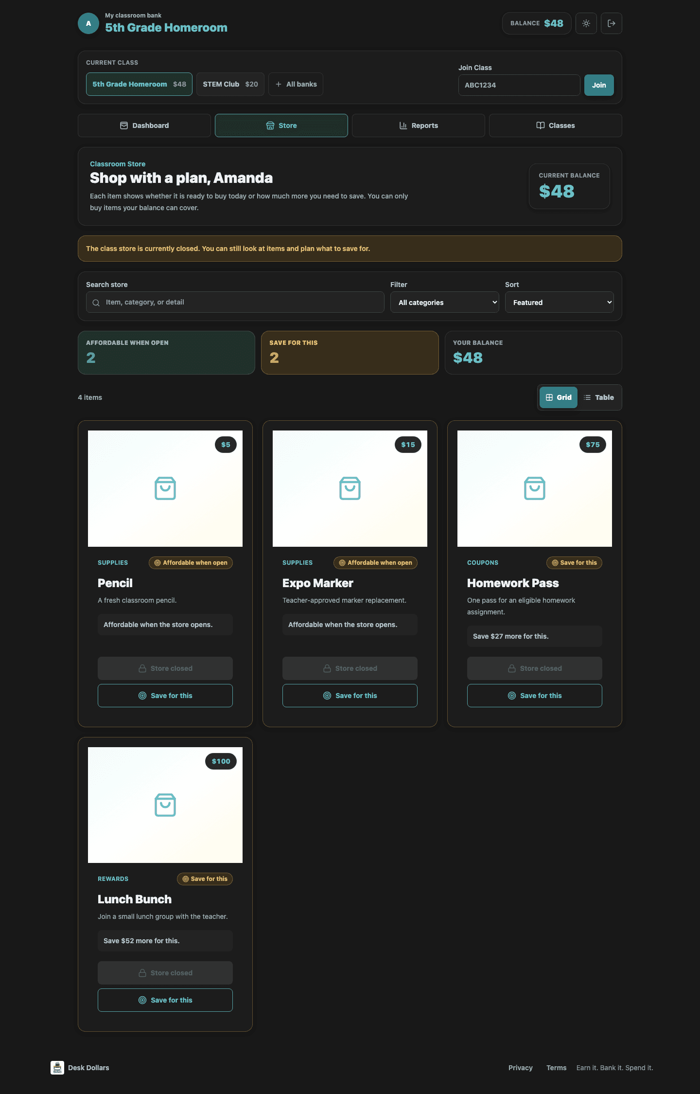 Student classroom store showing purchasable rewards, prices, and savings status.