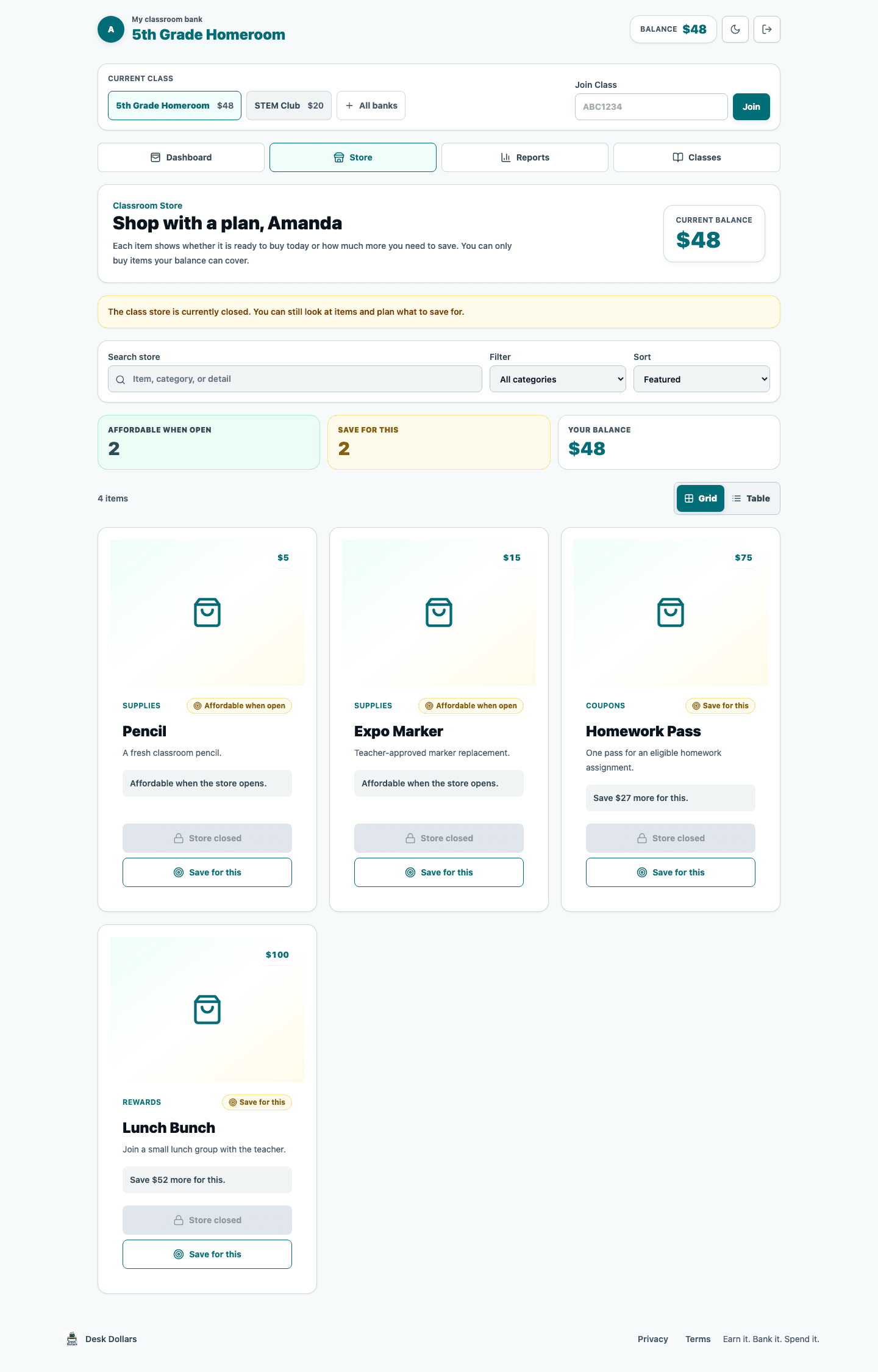 Student classroom store showing purchasable rewards, prices, and savings status.