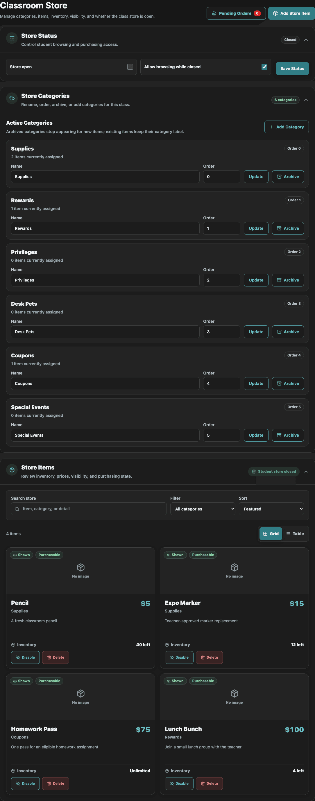 Teacher store management screen showing classroom store items and inventory settings.
