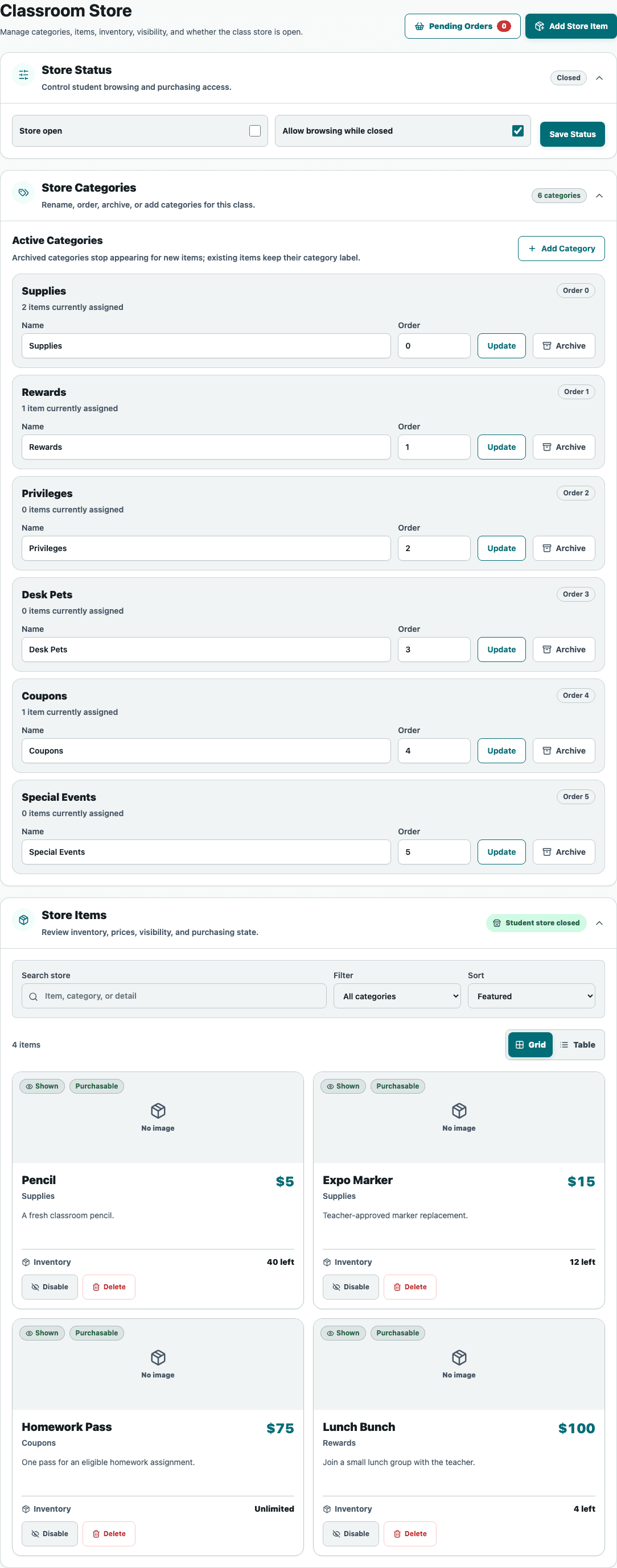 Teacher store management screen showing classroom store items and inventory settings.